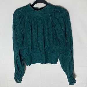 Styli Green High Neck Lace Banded Waistband Puff Sleeve Blouse M